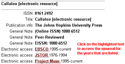 WebCat Electronic Resource Results