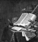 Black and White Drawing of a Book and Instruments